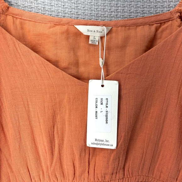 NWT Sim & Sam Orange 100% Cotton Mini Dress Sz L Peasant Boho Puff Short Sleeved - Picture 5 of 8